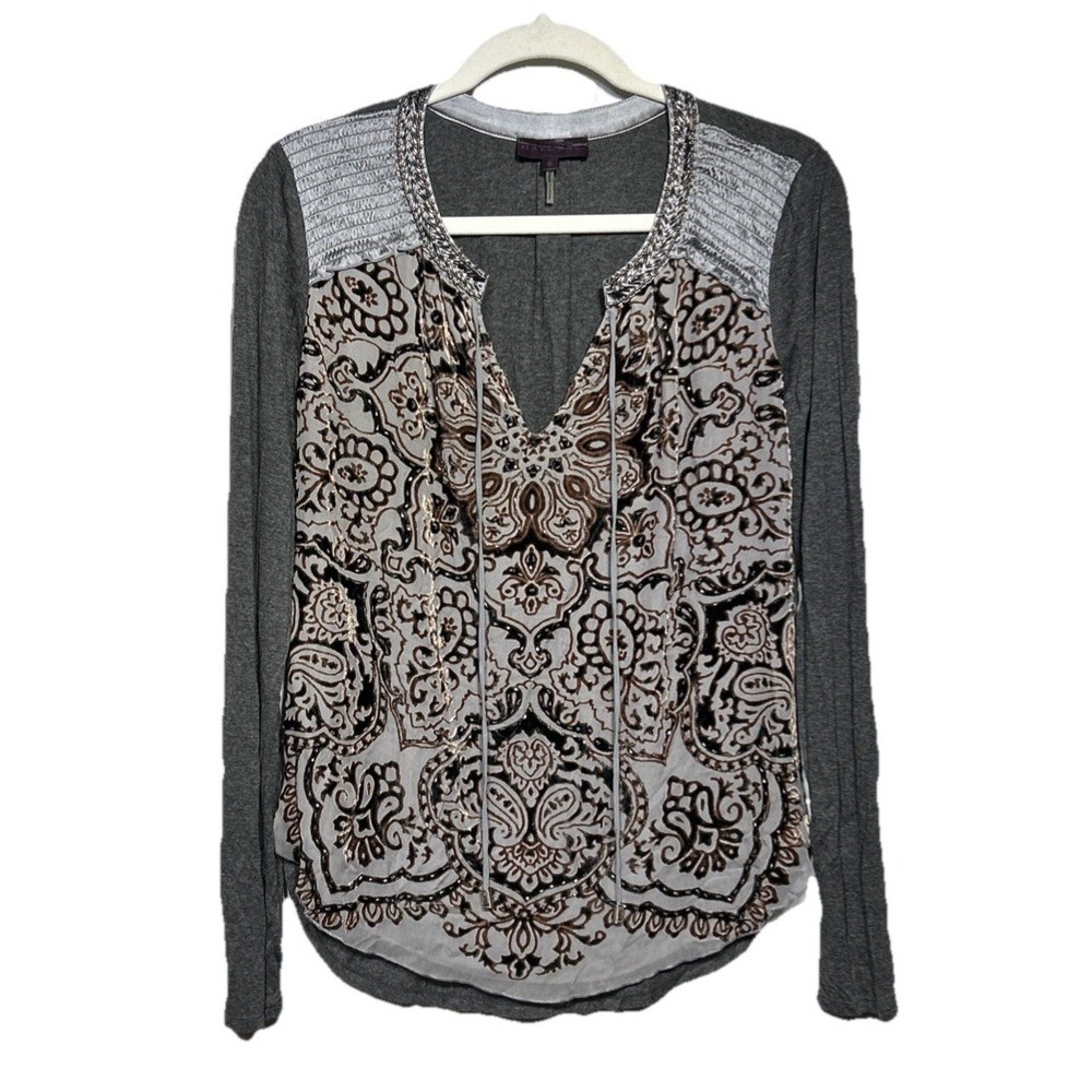Hale Bob Burnout Velvet Top Silk Metallic Gray Black Brown Women's Sz Small Boho